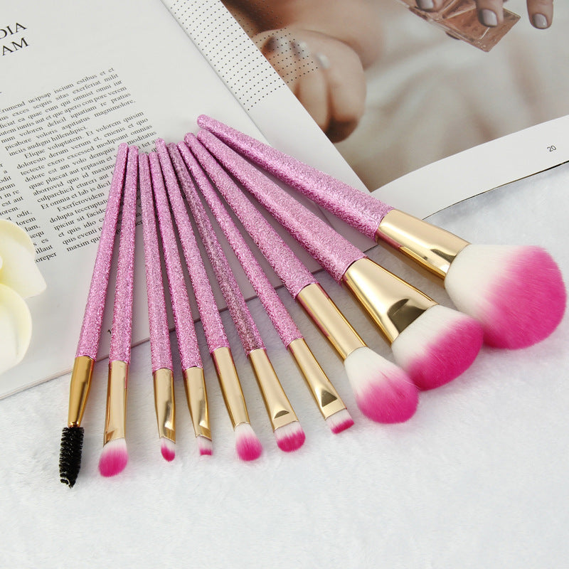 10-Piece 3D Pink Crystal Makeup Brush Set for Radiant Beauty