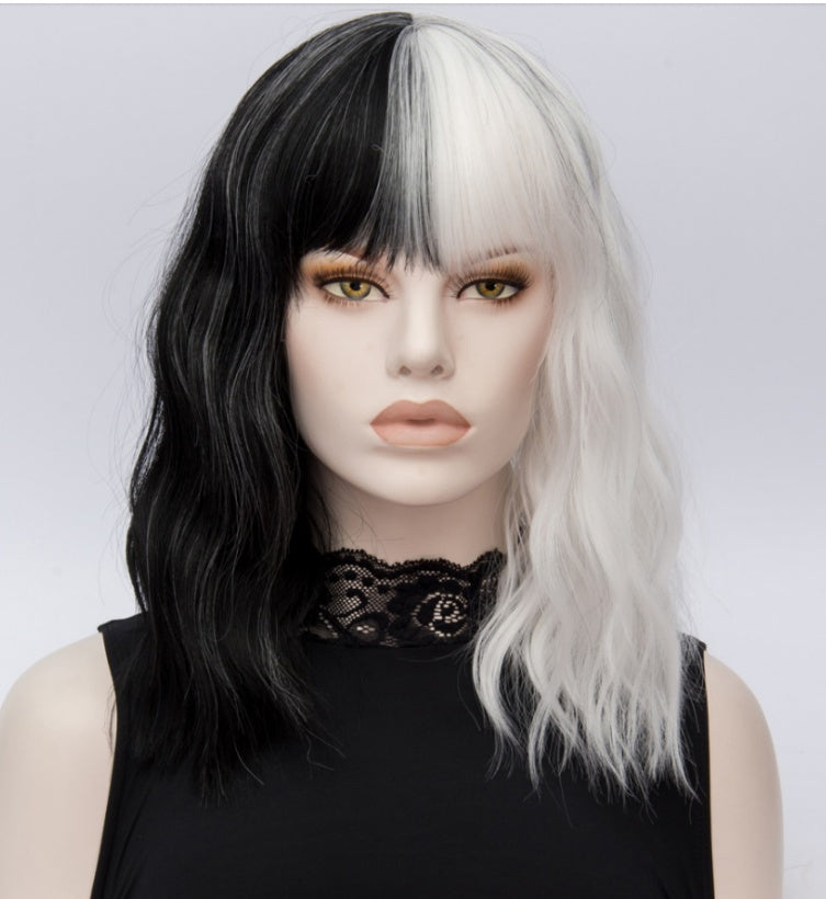 Similler Kinky White and Black Stitched Short Wig with Qi Bangs – Synthetic Hair for Cosplay