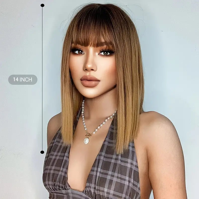 Millie Wig: Trendy Dark Brown Straight Hair with Full Bangs - 14 Inches of Luxurious Synthetic Fiber