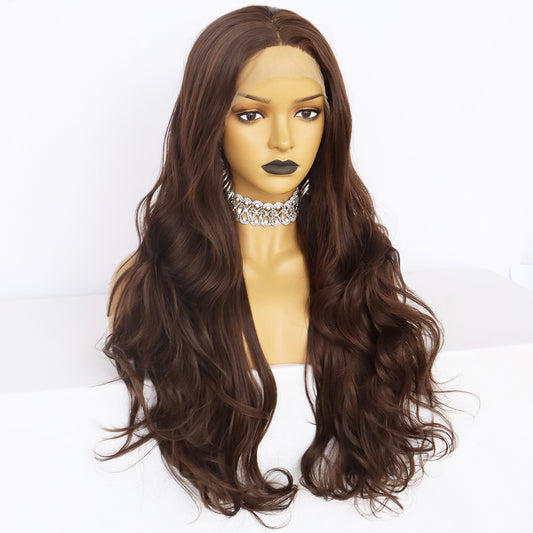 26-Inch Brown Curly Wig – 180 Density Matte High-Temperature Silk, Front Lace Mesh, Half Hand-Woven, European & American Style