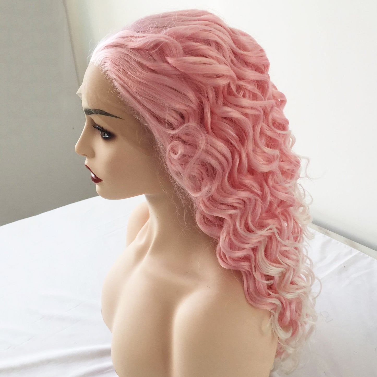 Pink Lace Long Curly Wig | Half Machine, Half Handwoven | Heat-Resistant Fiber
