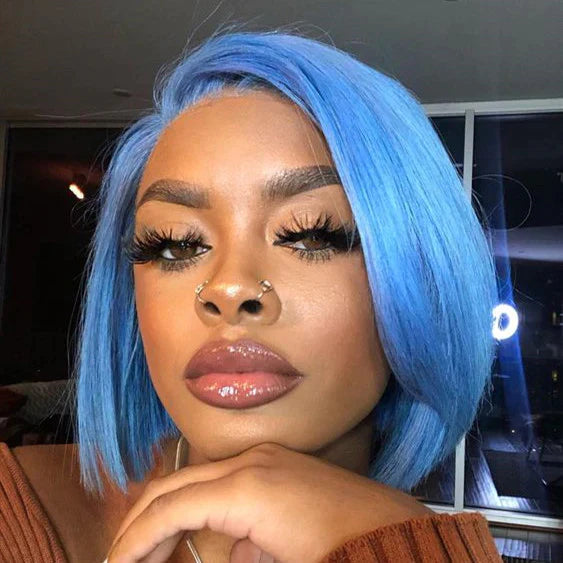 Hair 13x6 Light Blue Straight Bob Wig Short Wig Sky Blue Lace Frontal Human Hair Wig