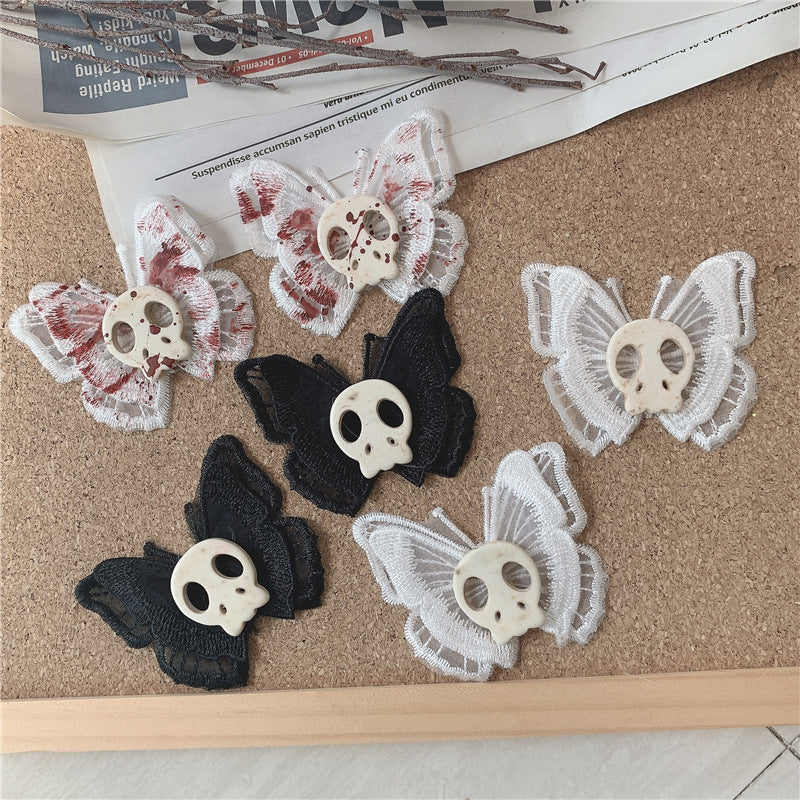 Distressed Butterfly Skull Hairpin – Stylish Black & White Cloth Hair Clip
