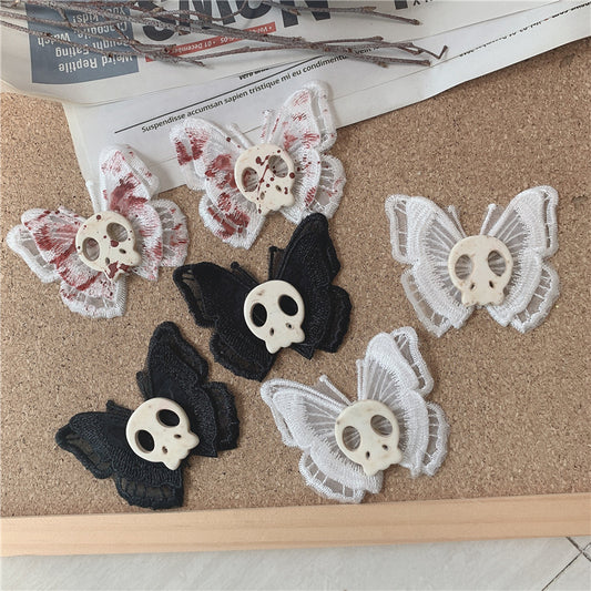 Distressed Butterfly Skull Hairpin – Stylish Black & White Cloth Hair Clip