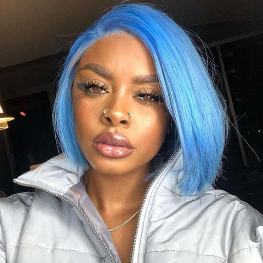 Hair 13x6 Light Blue Straight Bob Wig Short Wig Sky Blue Lace Frontal Human Hair Wig