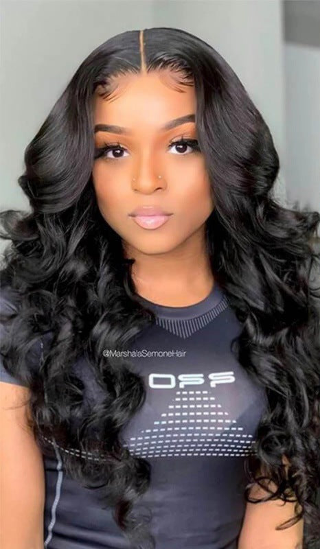 Lush Black Wavy Long Curly Wig with Long Bangs - High Temperature Resistant