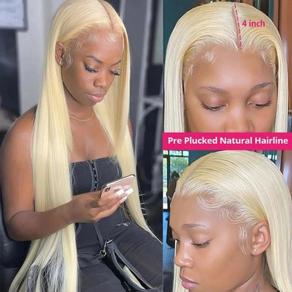 Hair #613 Blonde Straight 3 Bundles with 4x4 Transparent Lace Closure
