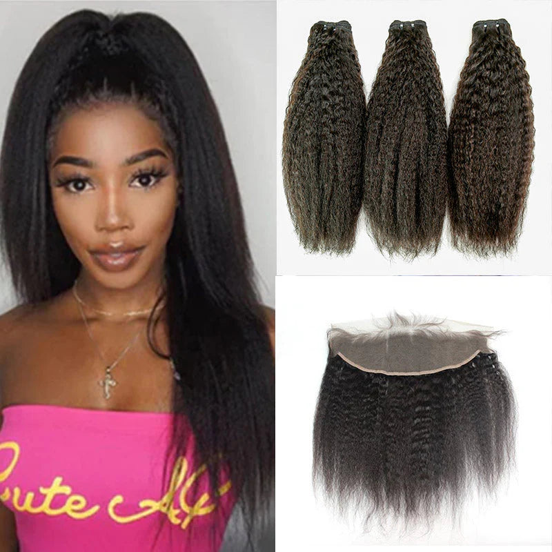 Hair 9A/10A/12A Kinky Straight Human Hair 3 Bundles with 13x4 Lace Frontal