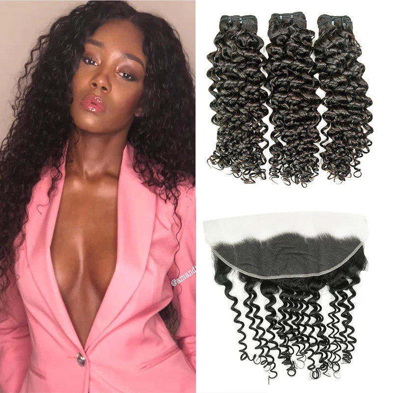 Hair 9A/10A/12A Jerry Curl Human Hair 3 Bundles with 13x4 Lace Frontal