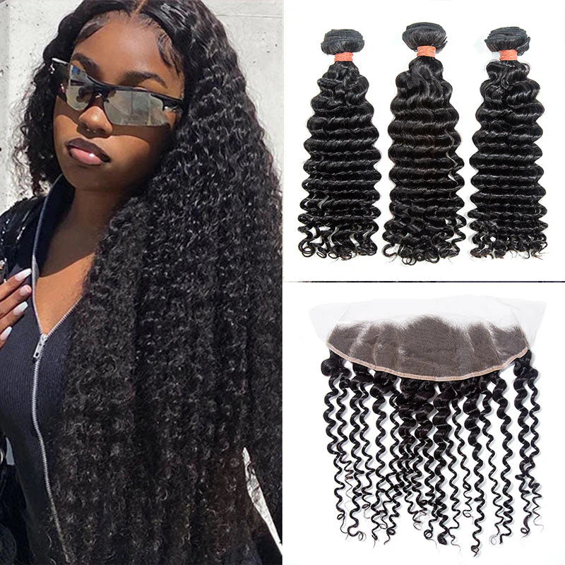 Hair 9A/10A/12A Deep Wave Human Hair 3 Bundles with 13x4 Lace Frontal