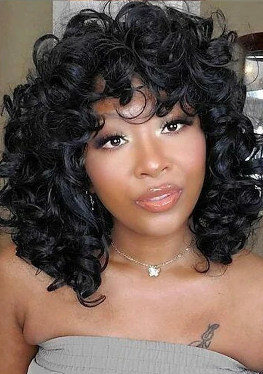Bouncy Curly Bob Wig with Bangs – 9A Virgin Human Hair, Pixie Cut, Shedding-Free, Tangle-Free