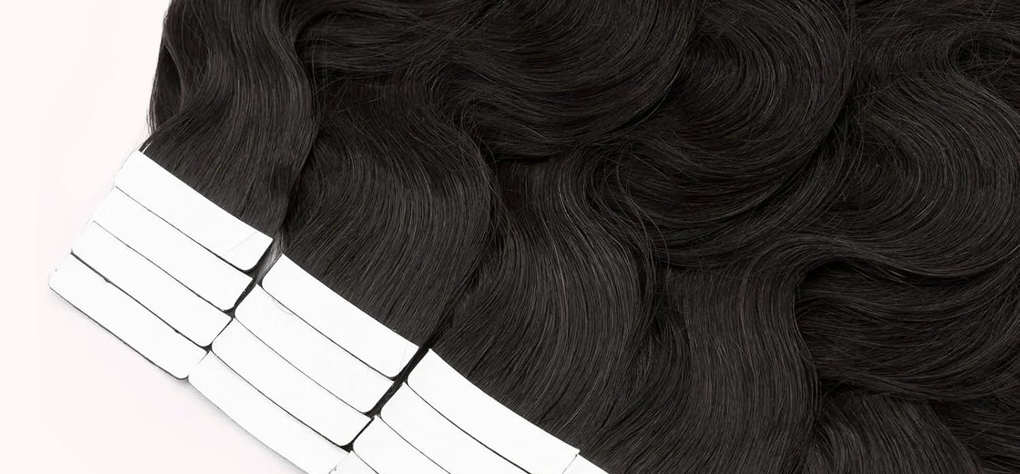 Natural Black Body Wave Tape-In Extensions - 100% Human Hair (16"-26") | Invisible, Durable & Reusable