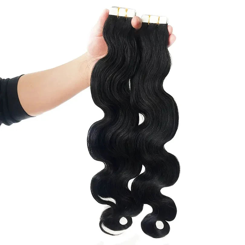 Natural Black Body Wave Tape-In Hair Extensions - 100% Human Hair (12"-24") | Invisible, Reusable & Long-Lasting