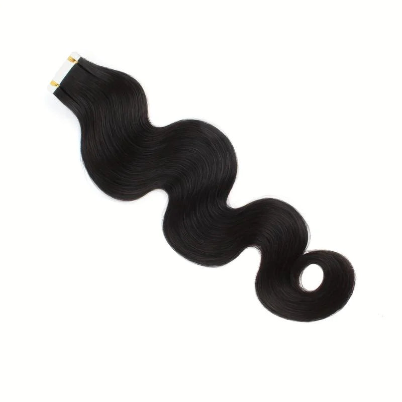 Natural Black Body Wave Tape-In Hair Extensions - 100% Human Hair (12"-24") | Invisible, Reusable & Long-Lasting