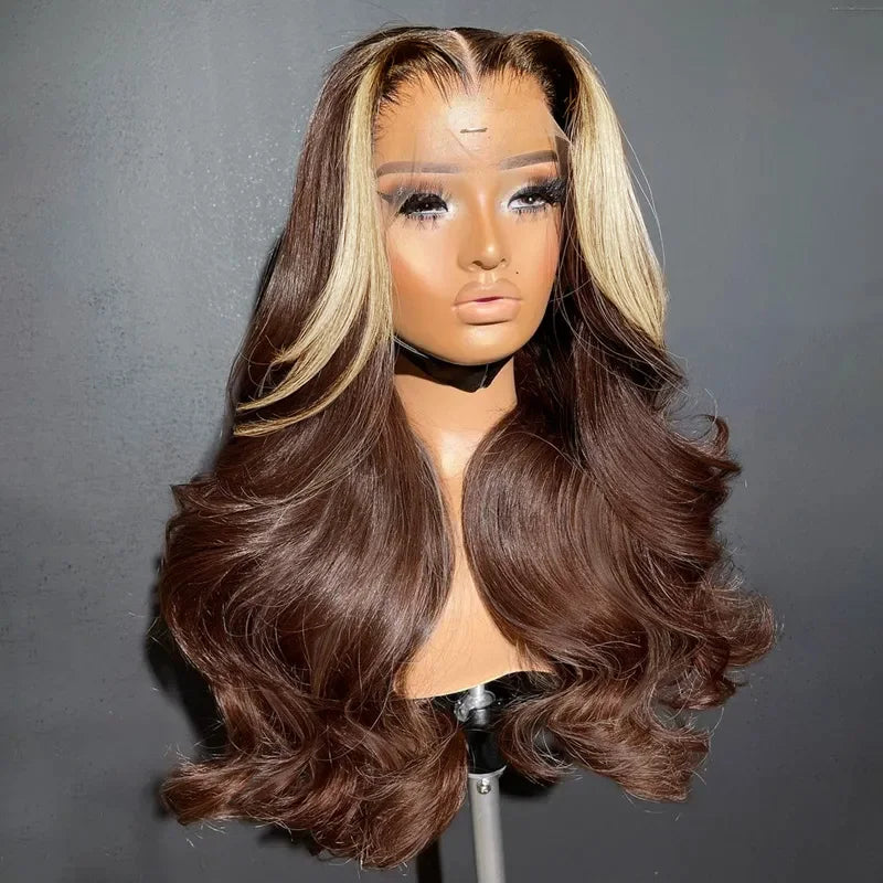 Chocolate Brown & Blonde Highlight Body Wave Synthetic Lace Front Wig – 180% Density, Heat-Resistant, Pre-Plucked