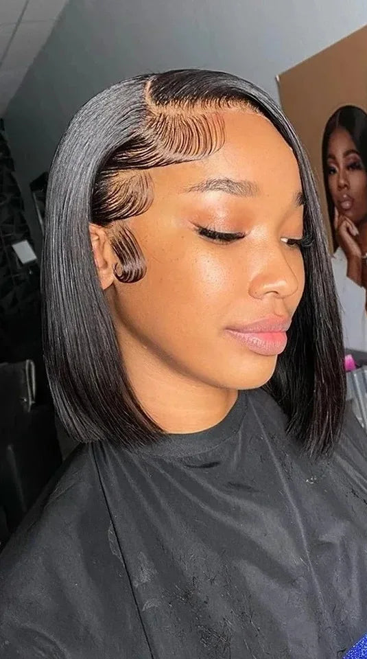 Straight Lace Front Wig – Transparent Swiss Lace, Short Length (4-16 Inch), Customizable for Darker Color Shades