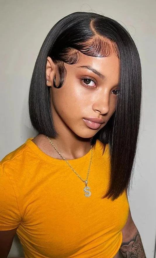 Straight Lace Front Wig – Transparent Swiss Lace, Short Length (4-16 Inch), Customizable for Darker Color Shades