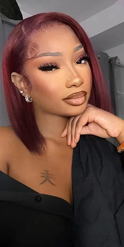 99J Burgundy Straight Bob Wig – 13x4 & 7x5 Glueless Lace Front Human Hair Wig, Pre-Plucked with Baby Hair, 180% Density