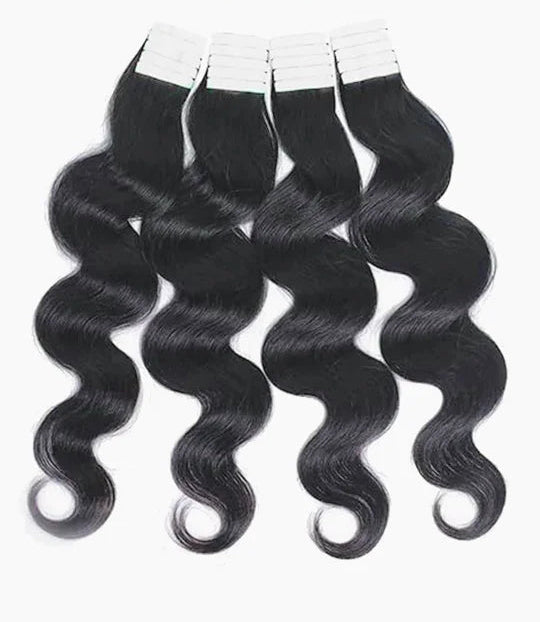 Natural Black Body Wave Tape-In Extensions - 100% Human Hair (16"-26") | Invisible, Durable & Reusable