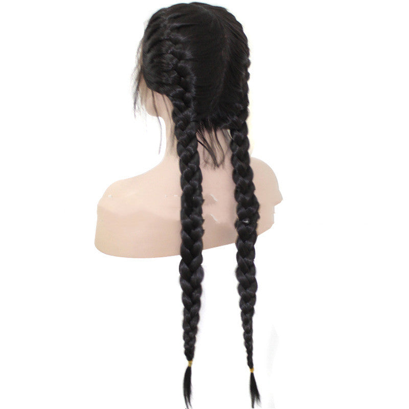 Black Braid Front Lace Wig - Long Straight Hair with Baby Hair, High-Temperature Fiber