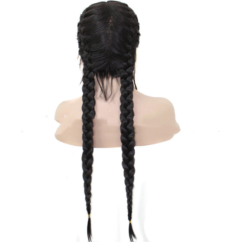 Black Braid Front Lace Wig - Long Straight Hair with Baby Hair, High-Temperature Fiber