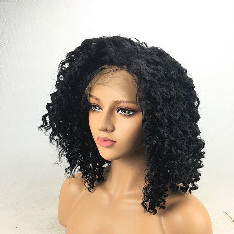 Black Small Curly Front Lace Wig – 16 Inches, Heat-Resistant Fiber
