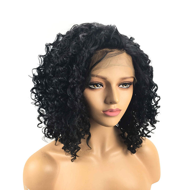 Black Small Curly Front Lace Wig – 16 Inches, Heat-Resistant Fiber