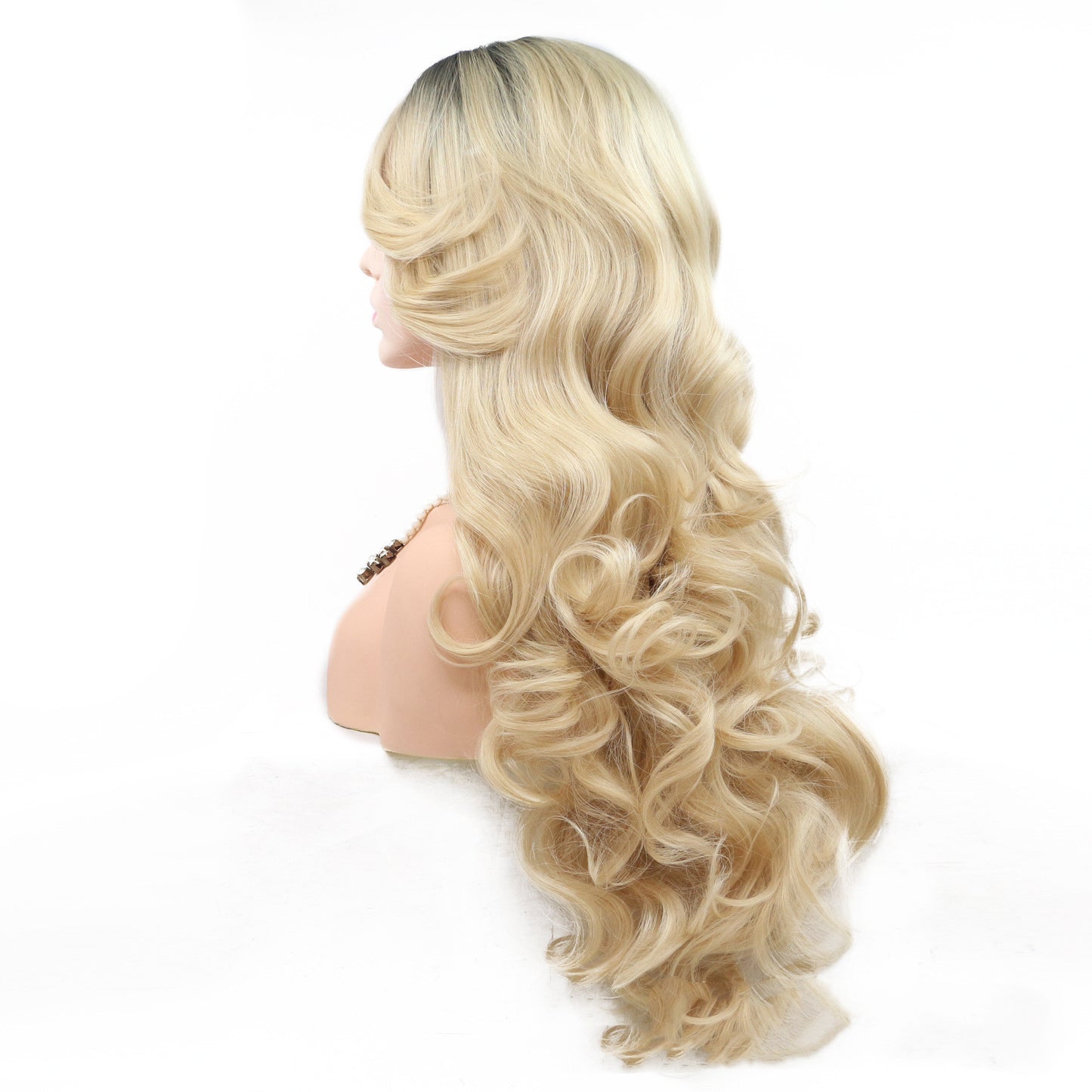 Blonde Front Lace Wig – Long Curly Hair with Oblique Bangs