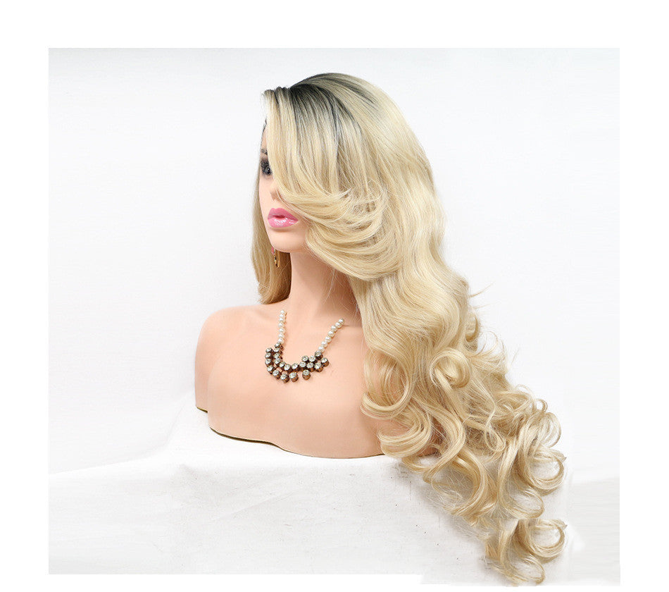 Blonde Front Lace Wig – Long Curly Hair with Oblique Bangs