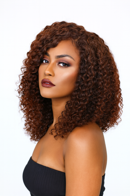 Dark Brown Afro Short Curly Wig with Bangs – 16 Inch Fluffy Synthetic Fiber Wig