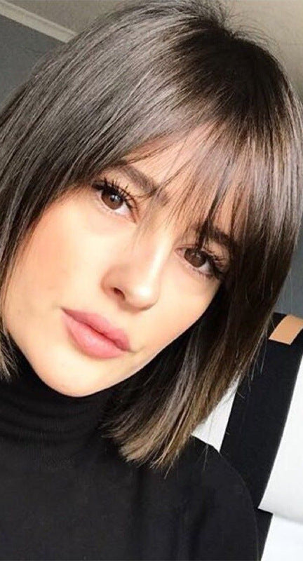 Chic Black Real Hair Wig with Ribbon Bangs | Fashionable Short Style