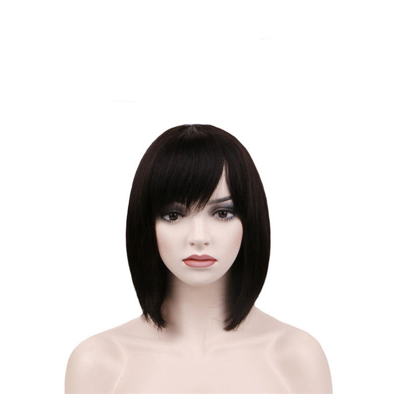 Chic Black Real Hair Wig with Ribbon Bangs | Fashionable Short Style1