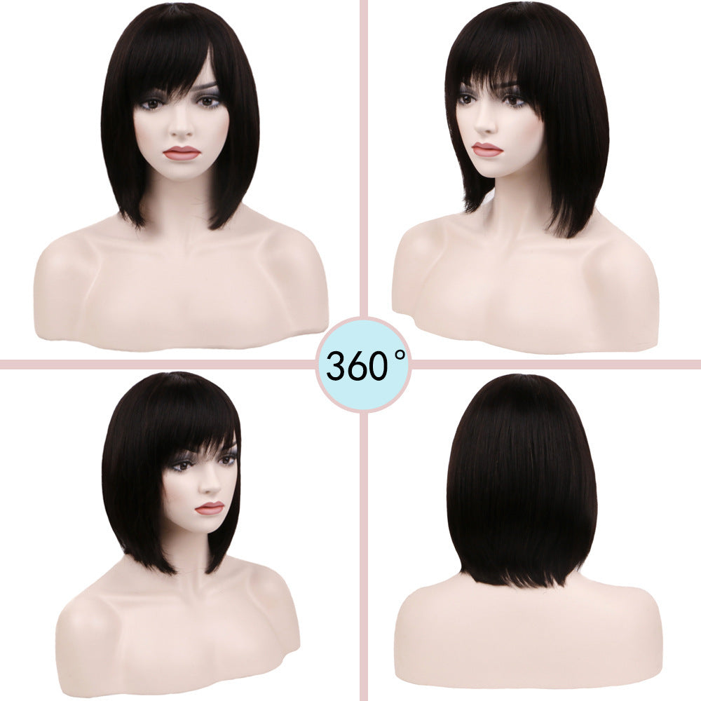 Chic Black Real Hair Wig with Ribbon Bangs | Fashionable Short Style3