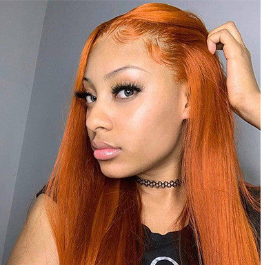 Dark Orange Straight Lace Wig – 13x4 Human Hair, Star Fashion Style, Dyeable, Medium to Long Length, Slanted Bangs