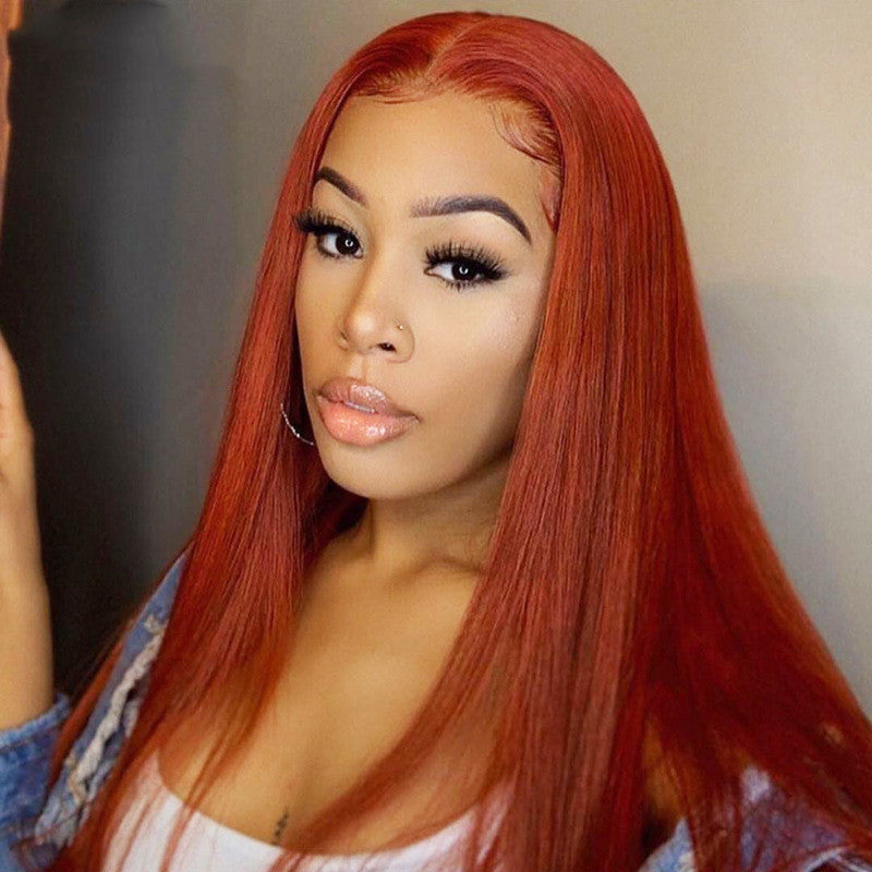 Dark Orange Straight Lace Wig – 13x4 Human Hair, Star Fashion Style, Dyeable, Medium to Long Length, Slanted Bangs1