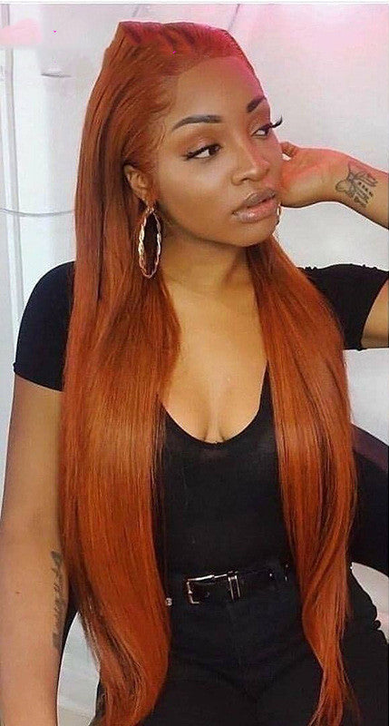 Dark Orange Straight Lace Wig – 13x4 Human Hair, Star Fashion Style, Dyeable, Medium to Long Length, Slanted Bangs2