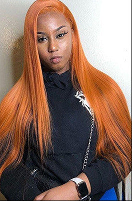 Dark Orange Straight Lace Wig – 13x4 Human Hair, Star Fashion Style, Dyeable, Medium to Long Length, Slanted Bangs3