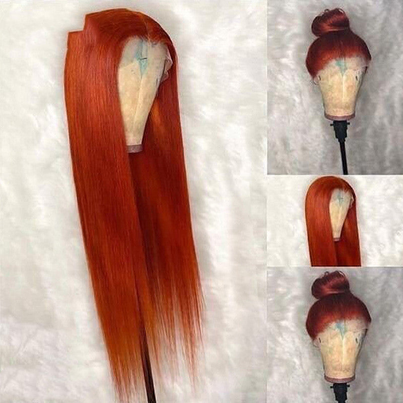 Dark Orange Straight Lace Wig – 13x4 Human Hair, Star Fashion Style, Dyeable, Medium to Long Length, Slanted Bangs5