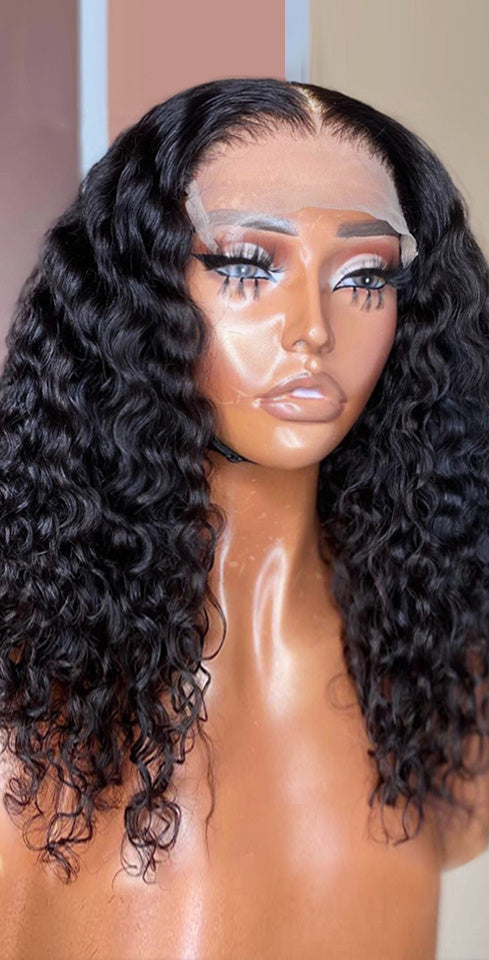 Deep Water Wave Lace Frontal Human Hair Wig – Transparent Curly Bob, Pre-Plucked Baby Hair, 13x4 & 5x5 Options