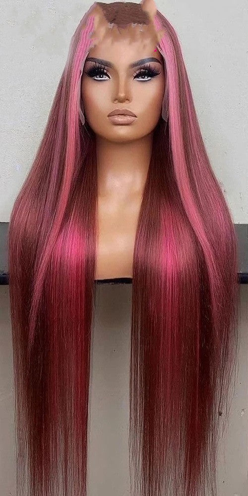 Elegant Brown Straight Highlight Wig - Hand-Woven Real Hair for Versatile Styling!2