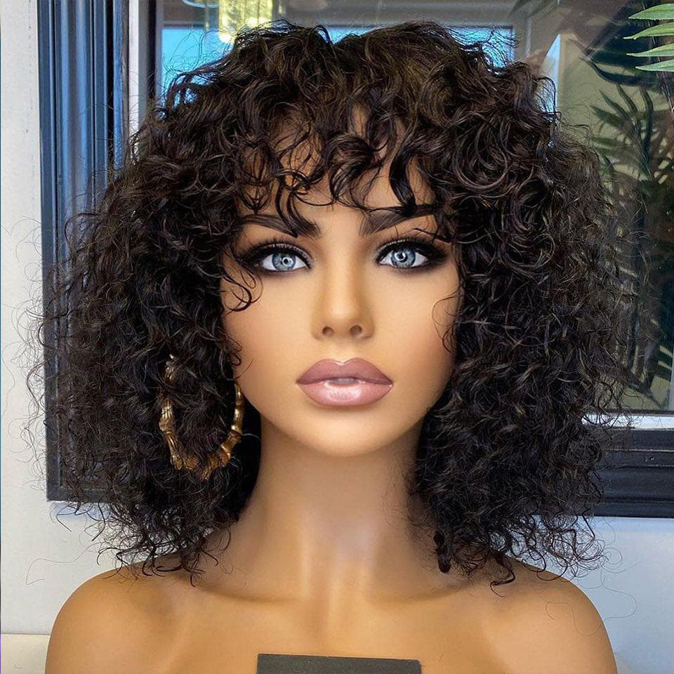 Elegant Water Wave Fringe Human Hair Wig with Bangs | Natural Black