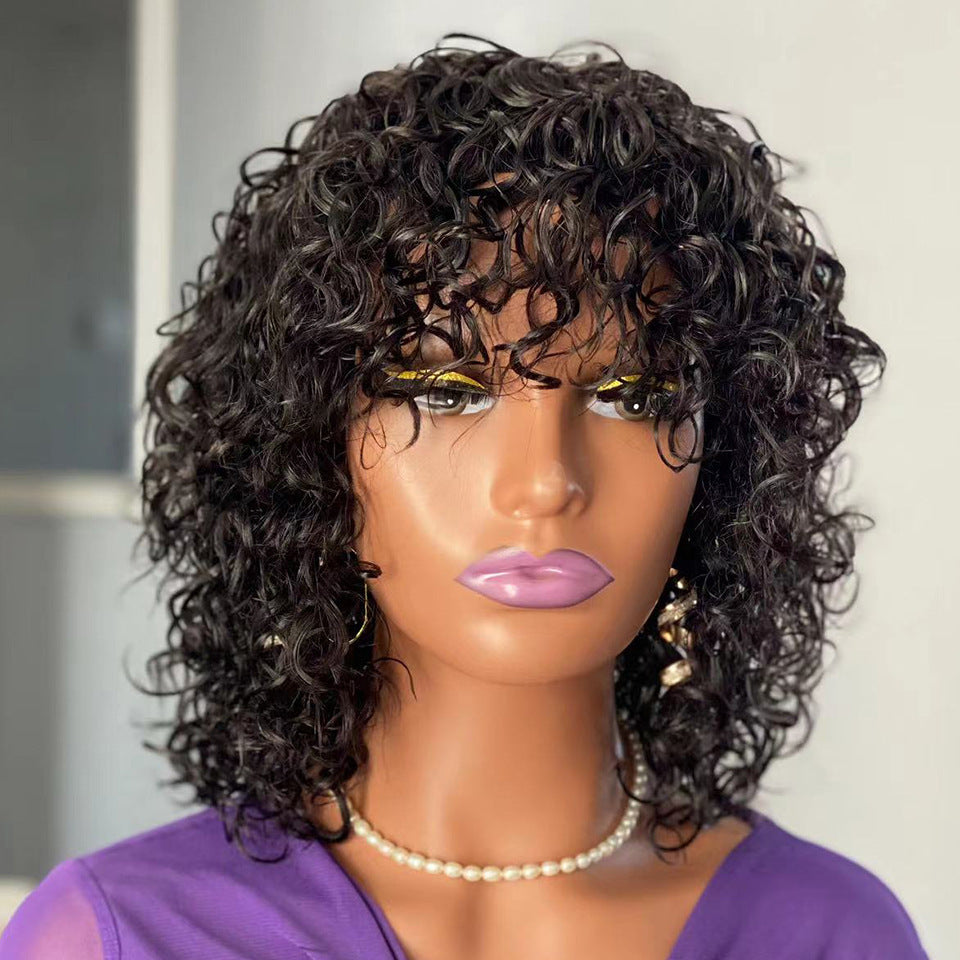 Elegant Water Wave Fringe Human Hair Wig with Bangs | Natural Black1