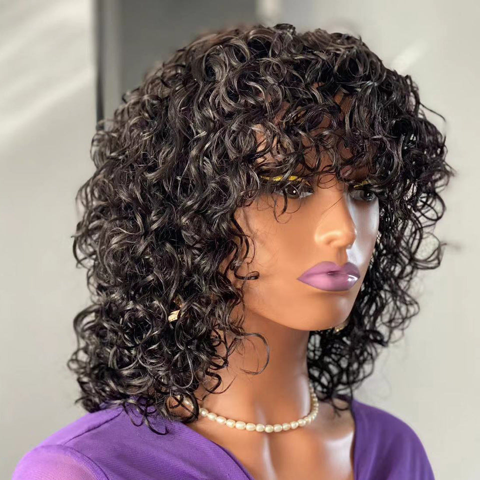 Elegant Water Wave Fringe Human Hair Wig with Bangs | Natural Black2