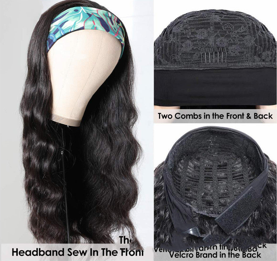 European & American Ice Silk Headband Wig – Real Human Hair, Dyeable, Straight or Oblique Bangs, 8-30 Inches3