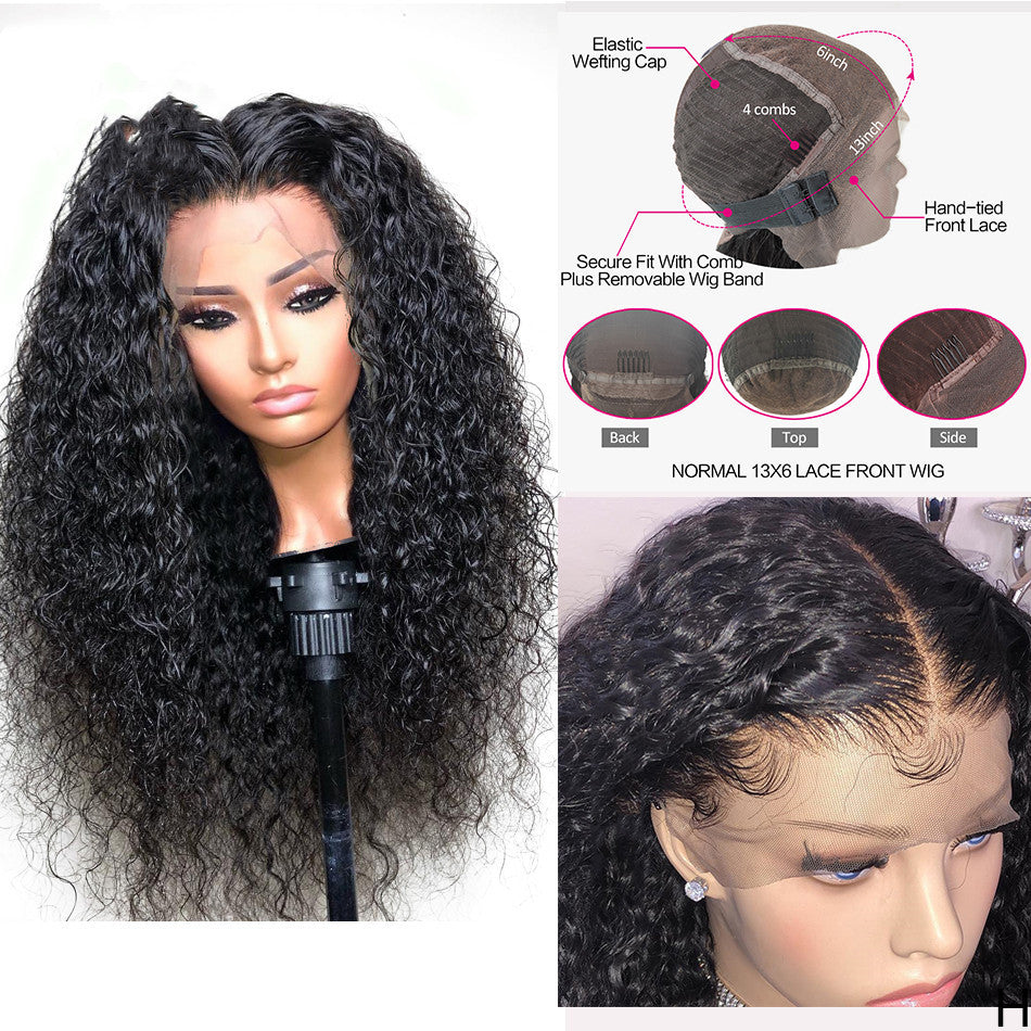 European & American Ladies Black Front Lace Small Wavy Curly Hair Wig – Natural Style, High Temperature Wire, 16-26 Inches, Slanted Bangs