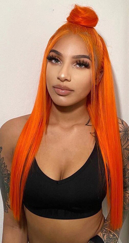 Exotic Hand-Woven Human Hair Wig – Orange, 16 to 22 Inches, Hot-Dyeable, for Ladies of Any Skin Tone1