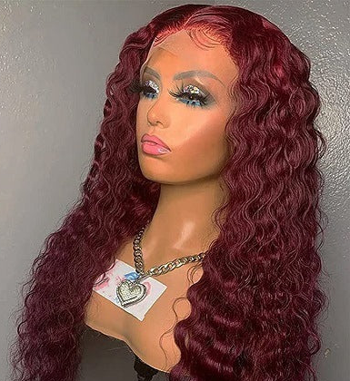 Exotic Long Curly Wig with Oblique Bangs | Wine Red DZCJ273 | High-Temperature Fiber