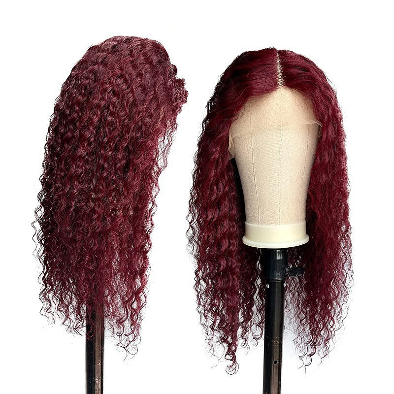 Exotic Long Curly Wig with Oblique Bangs | Wine Red DZCJ273 | High-Temperature Fiber