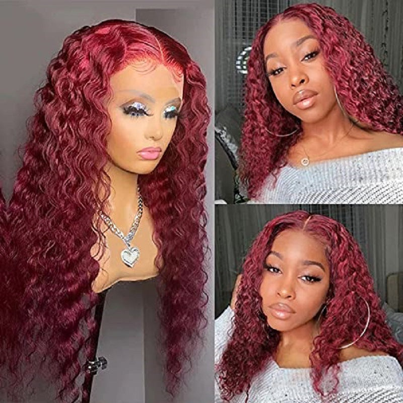 Exotic Long Curly Wig with Oblique Bangs | Wine Red DZCJ273 | High-Temperature Fiber