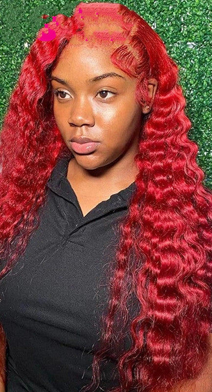 Exotic Red Deep Wave Human Hair Wig – Fully Hand-Woven Luxury